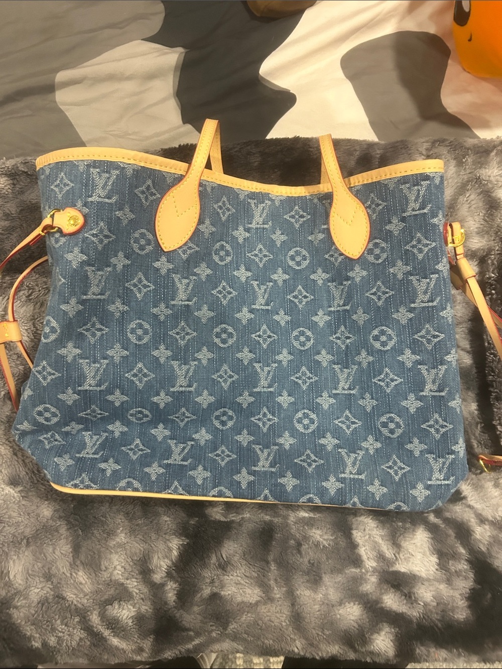 Luxury Blue Monogram Denim Tote Bag with Tan Trim